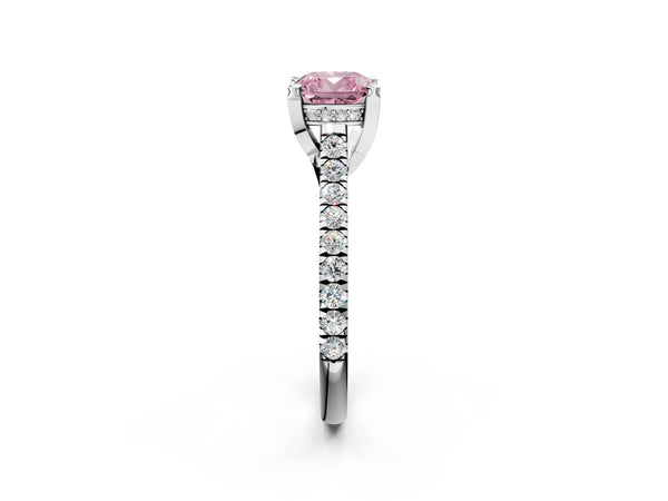 Platinum Fancy Pink Cushion  Brilliant Diamond Solitaire with Pavé Band and Four-Prong Setting