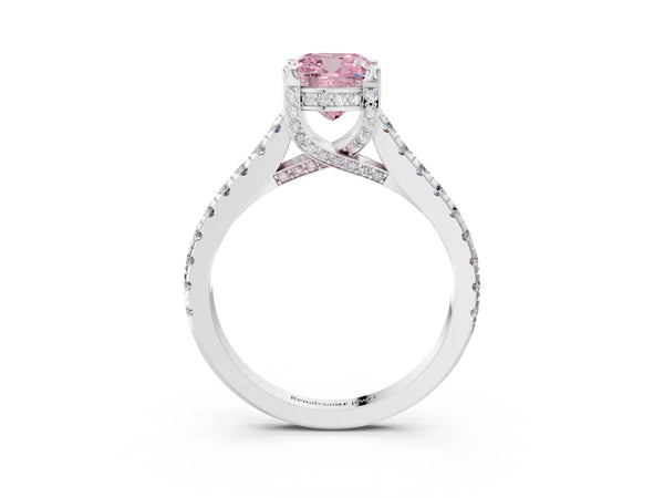 Platinum Fancy Pink Cushion  Brilliant Diamond Solitaire with Pavé Band and Four-Prong Setting