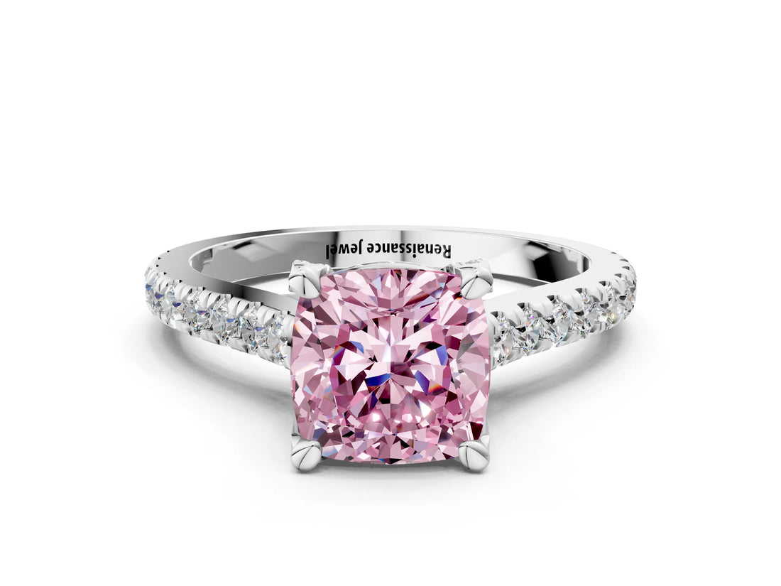 Platinum Fancy Pink Cushion  Brilliant Diamond Solitaire with Pavé Band and Four-Prong Setting