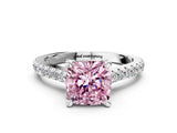 Platinum Fancy Pink Cushion  Brilliant Diamond Solitaire with Pavé Band and Four-Prong Setting