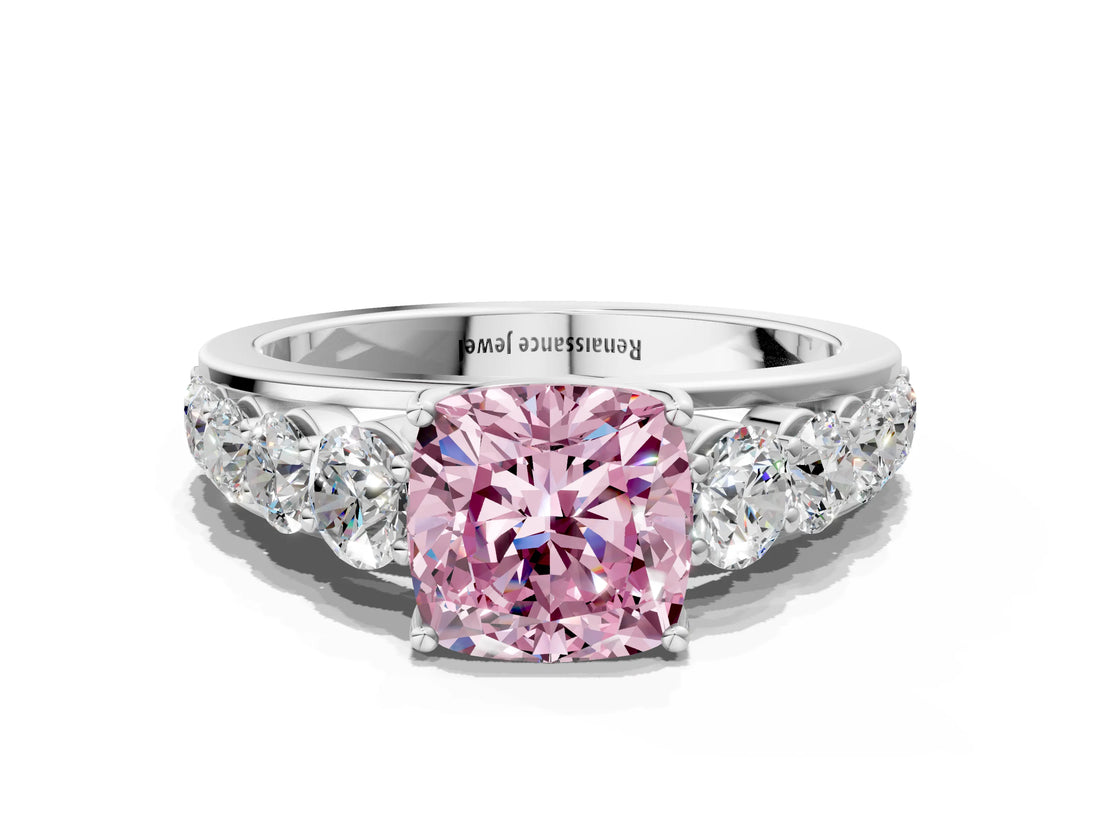 Platinum Fancy Pink Cushion Cut Brilliant Diamond Pavé Band with Six-Prong Setting_18