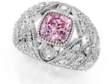 Platinum Fancy Pink Cushion Cut Brilliant Halo Pave Diamond Milgrain Ring_13