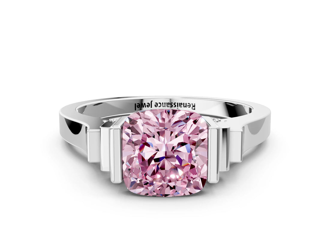 Platinum Fancy Pink Cushion Cut Brilliant Solitaire Diamond Ring with Channel Set Band and Bar Prong Setting_84