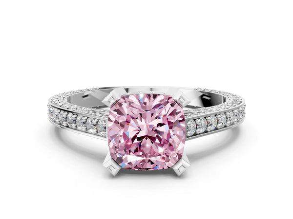 Platinum Fancy Pink Cushion Cut Brilliant Split Shank Pave Solitaire Ring with Four-Prong Setting