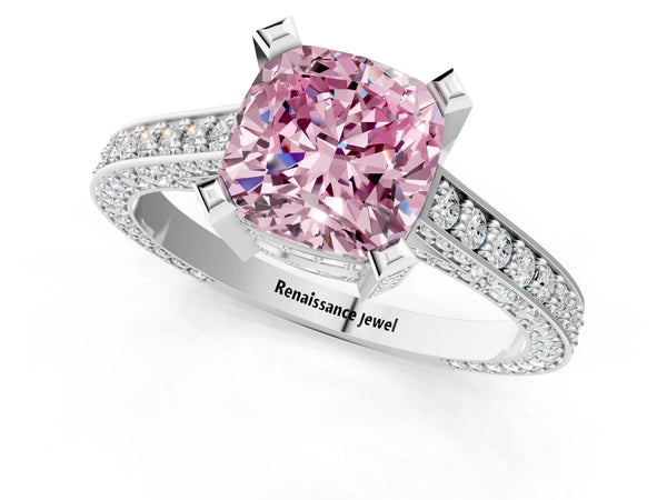 Platinum Fancy Pink Cushion Cut Brilliant Split Shank Pave Solitaire Ring with Four-Prong Setting