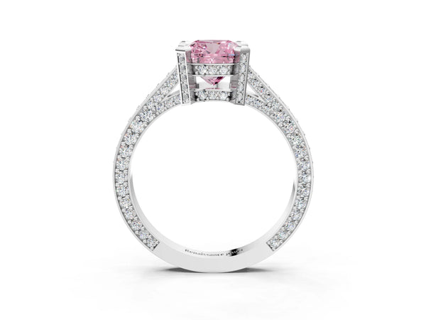 Platinum Fancy Pink Cushion Cut Brilliant Split Shank Pave Solitaire Ring with Four-Prong Setting
