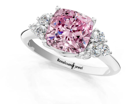 Platinum Fancy Pink Cushion Cut Cut Diamond Cluster Ring with Solitaire Band and Four-Prong Setting_25