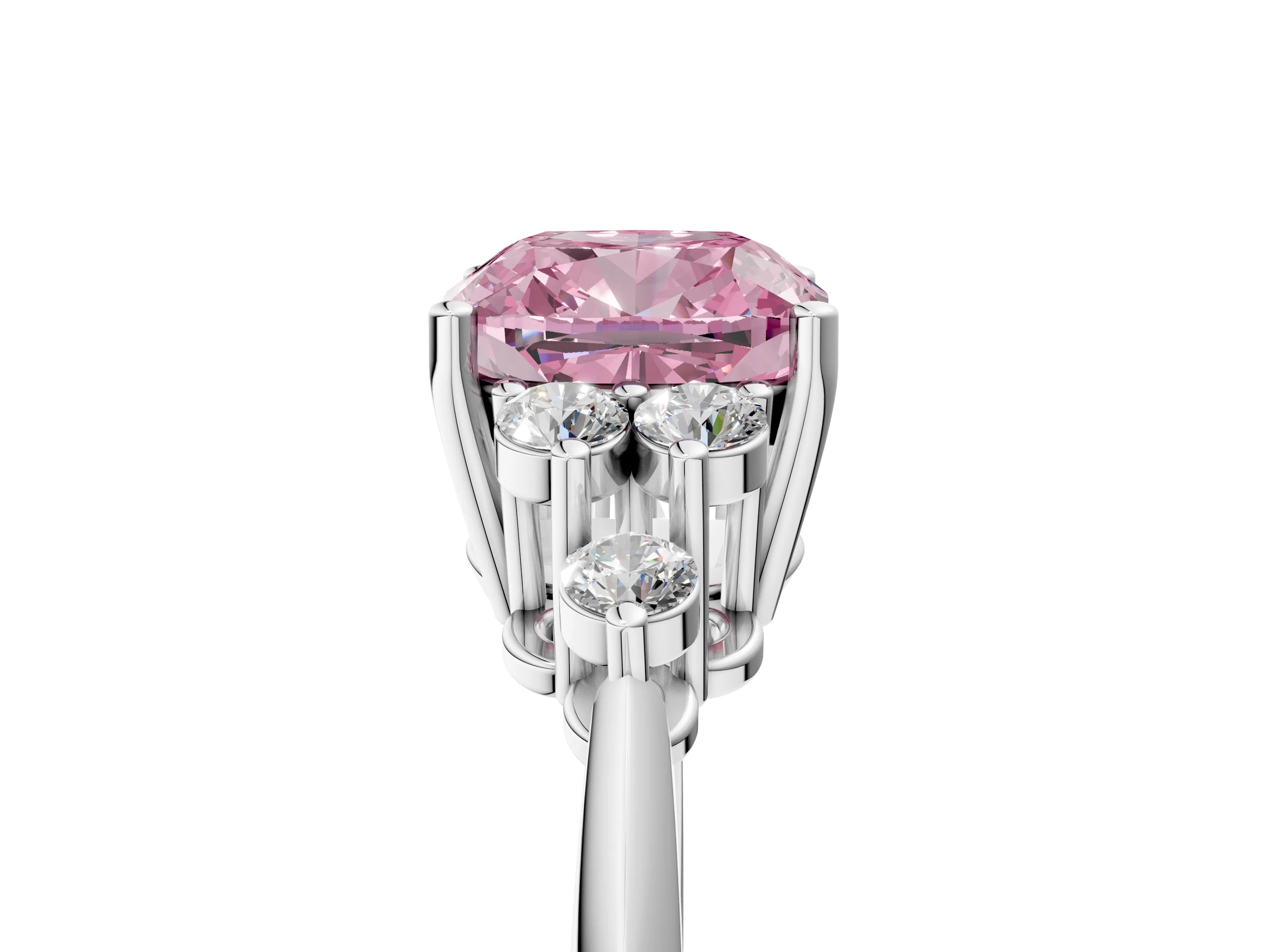 Platinum Fancy Pink Cushion Cut Cut Diamond Cluster Ring with Solitaire Band and Four-Prong Setting_29