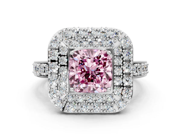 Platinum Fancy Pink Cushion Cut Diamond Double Halo Ring with Pavé Band and Four-Prong Setting