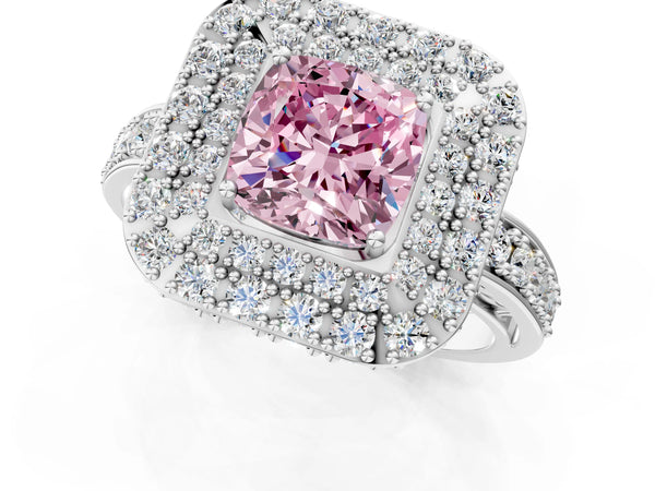 Platinum Fancy Pink Cushion Cut Diamond Double Halo Ring with Pavé Band and Four-Prong Setting