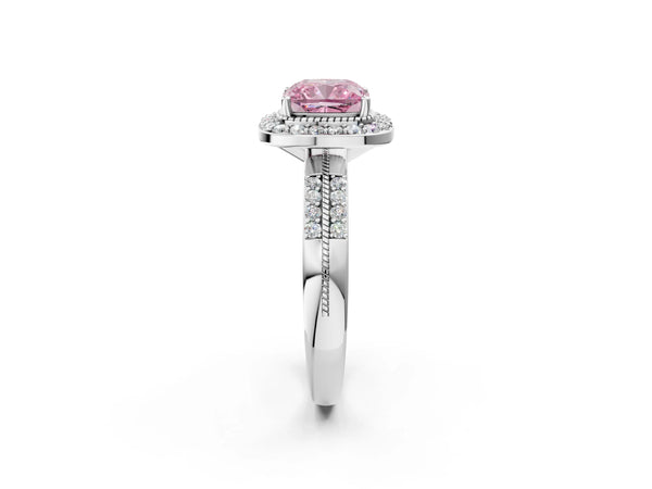 Platinum Fancy Pink Cushion Cut Diamond Double Halo Ring with Split Shank and Four-Prong Setting