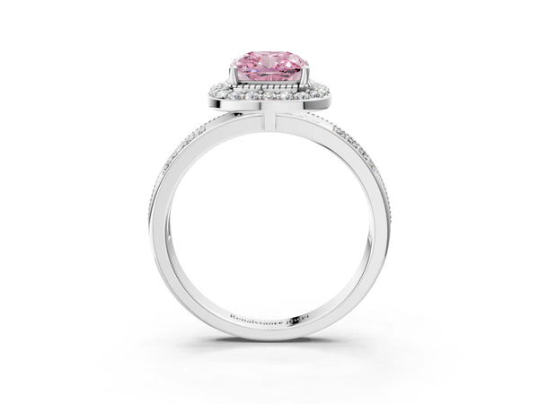 Platinum Fancy Pink Cushion Cut Diamond Double Halo Ring with Split Shank and Four-Prong Setting