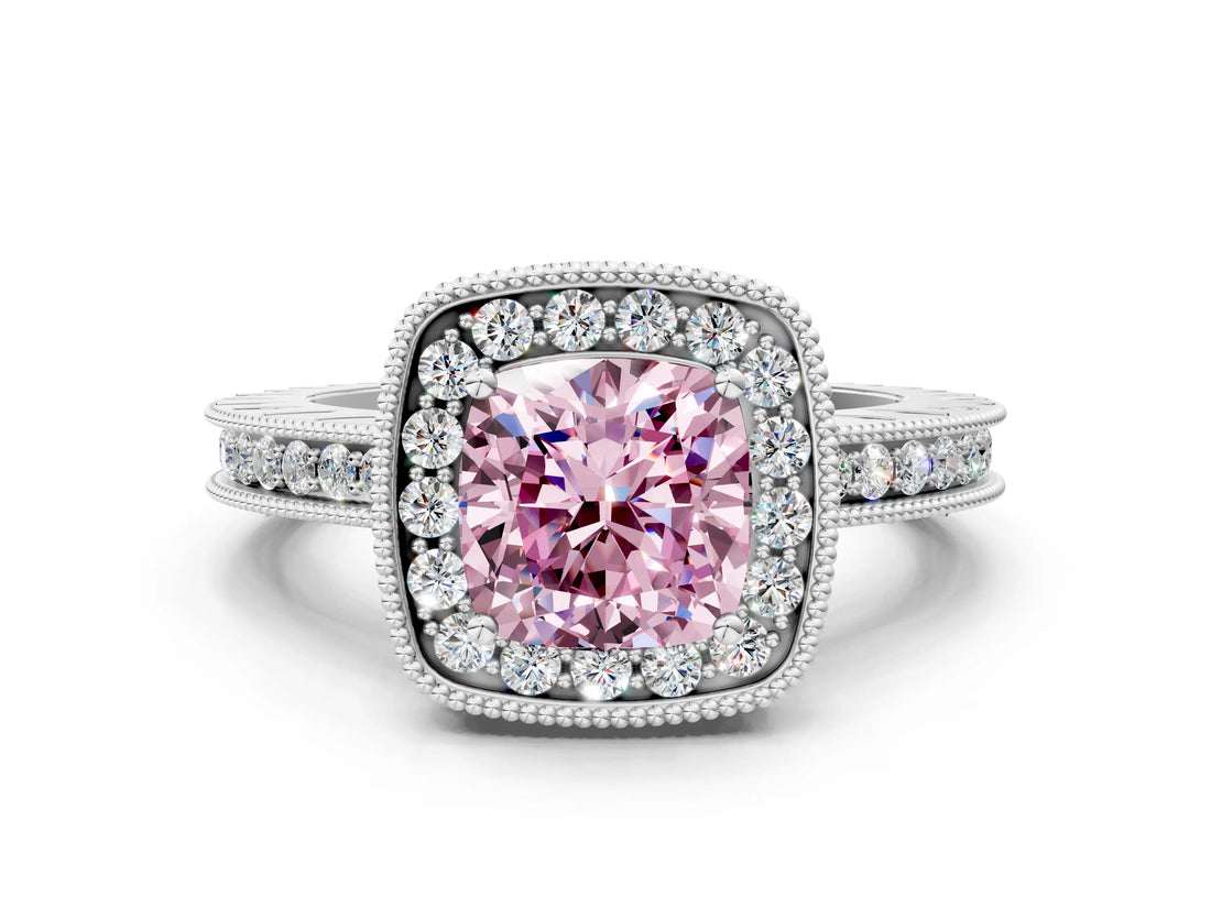 Platinum Fancy Pink Cushion Cut Diamond Milgrain Halo Engagement Ring with Round Pavé Band and Prong Setting_12