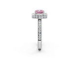 Platinum Fancy Pink Cushion Cut Diamond Milgrain Halo Engagement Ring with Round Pavé Band and Prong Setting_14