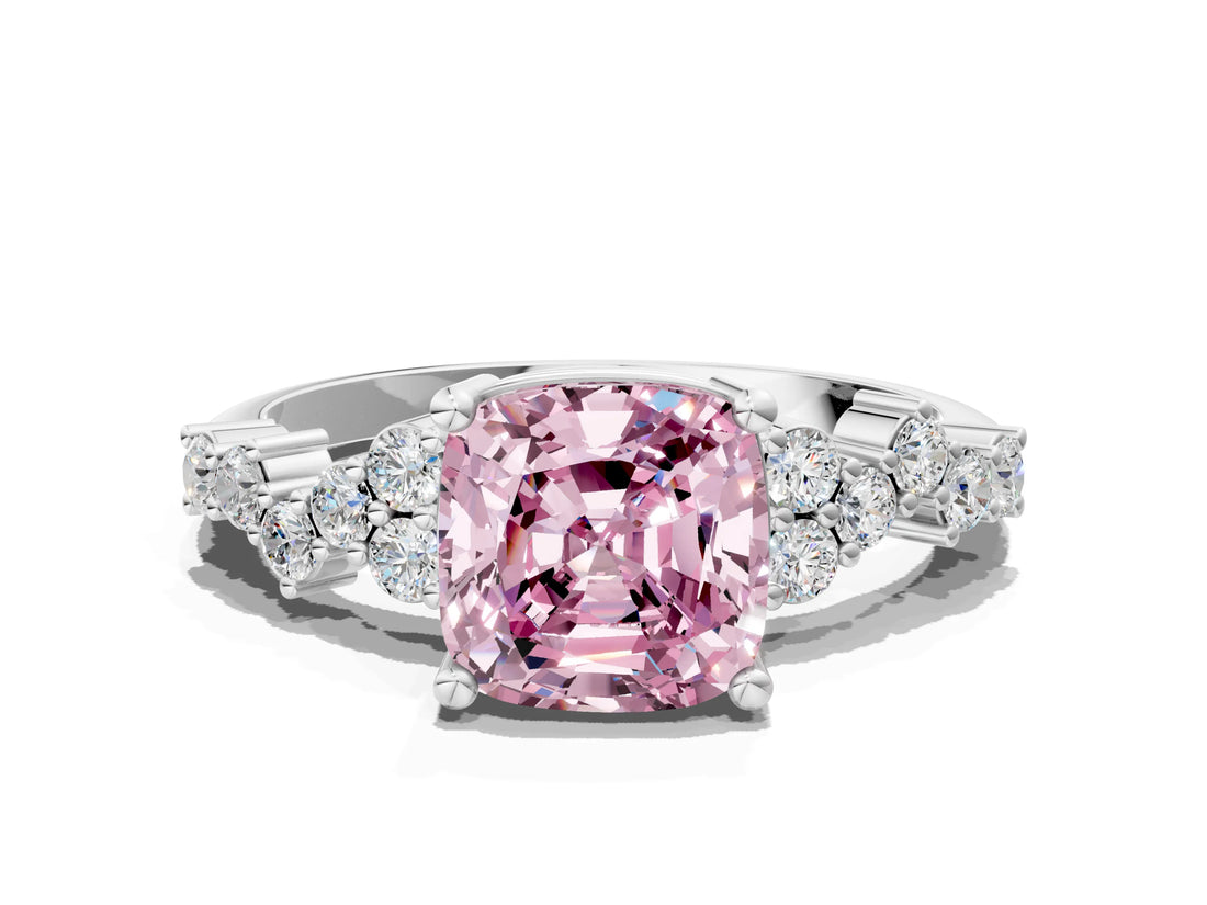Platinum Fancy Pink Cushion Cut Diamond Scattered Round Accent Ring with Prong Setting
