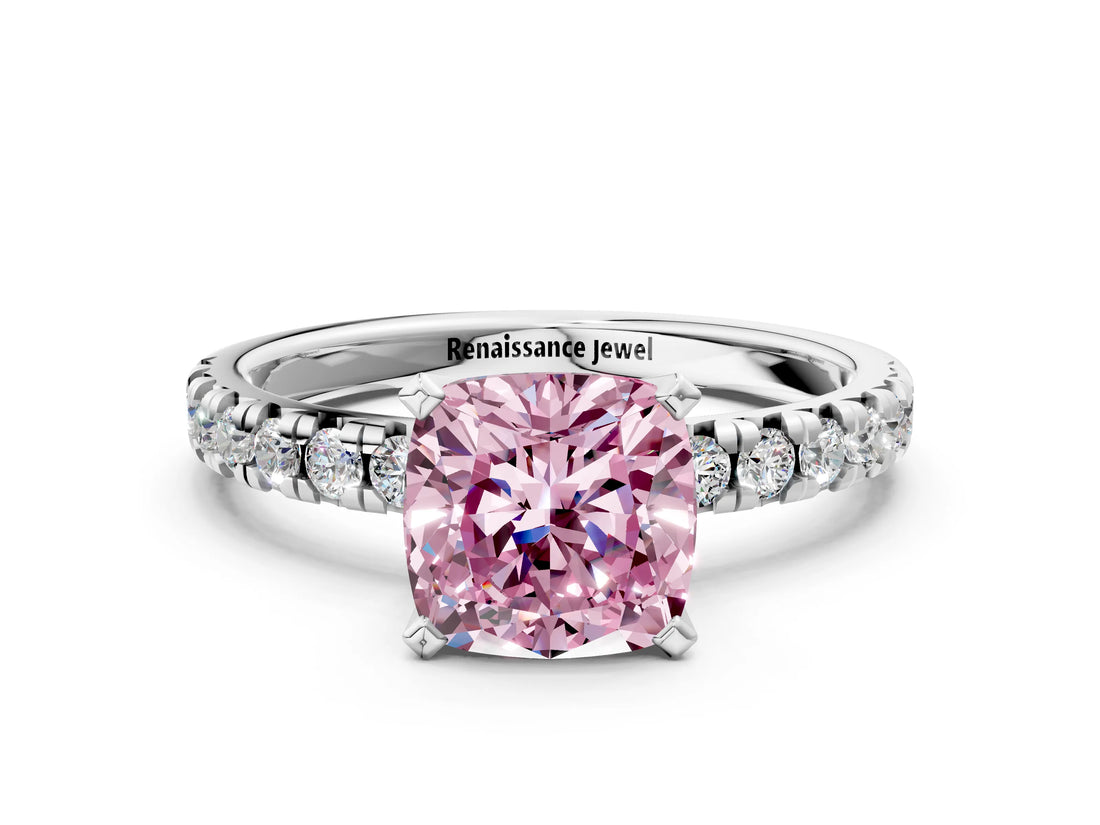 Platinum Fancy Pink Cushion Cut Diamond Solitaire Pavé Engagement Ring with Round Band and Prong Setting_1