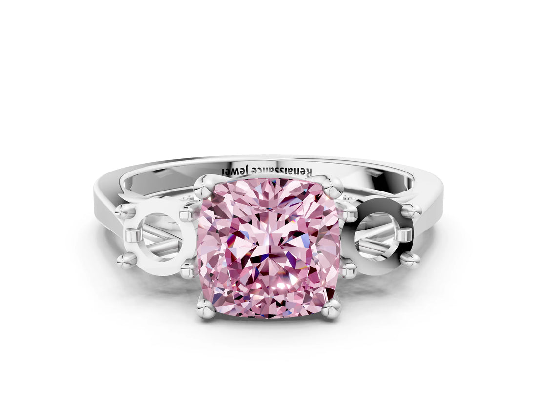 Platinum Fancy Pink Cushion Cut Diamond Three-Stone Engagement Ring with Prong Setting and Pavé Band_12