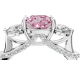 Platinum Fancy Pink Cushion Cut Diamond Three-Stone Ring with Prong Setting and Pavé Band_16