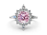 Platinum Fancy Pink Cushion Cut Halo Diamond Cluster Ring with Marquise and Round Stones on a White Gold Band with Prong Setting