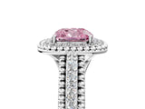Platinum Fancy Pink Cushion Cut Halo Diamond Ring with Beaded Split Shank and Four-Prong Setting_11