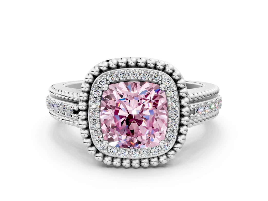 Platinum Fancy Pink Cushion Cut Halo Diamond Ring with Beaded Split Shank and Four-Prong Setting_6