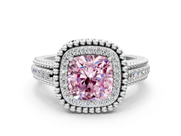 Platinum Cushion Cut Beaded Halo Engagement Ring Setting for Fancy Pink Center with Pave