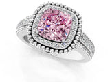 Platinum Fancy Pink Cushion Cut Halo Diamond Ring with Beaded Split Shank and Four-Prong Setting_7
