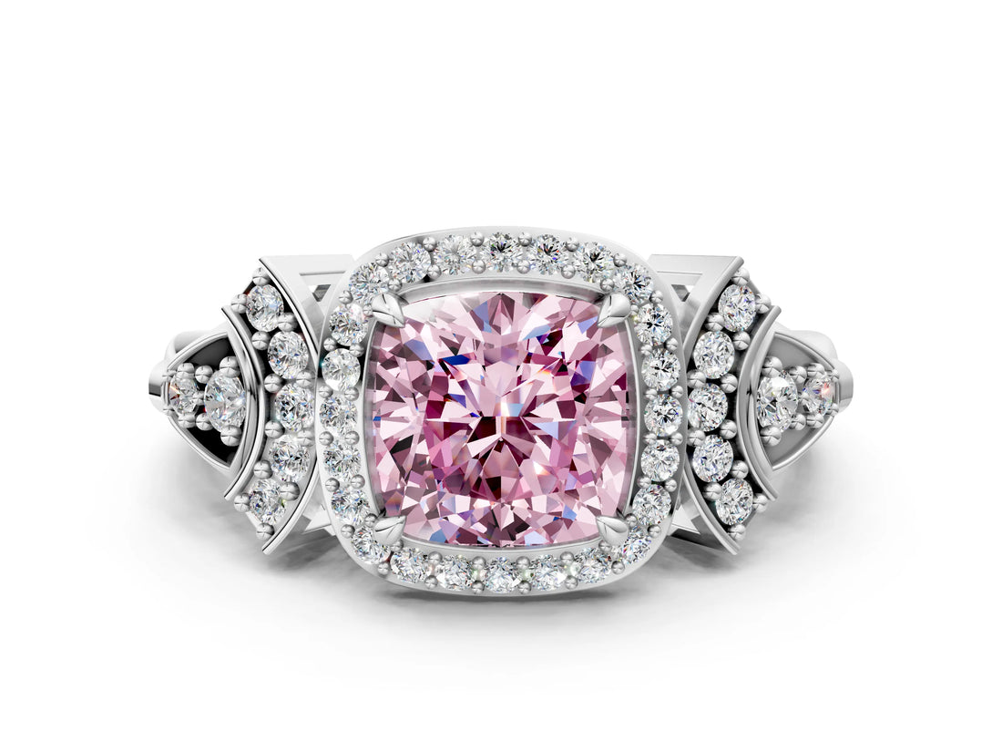 Platinum Fancy Pink Cushion Cut Halo Diamond Split Shank Engagement Ring with Four-Prong Setting_18