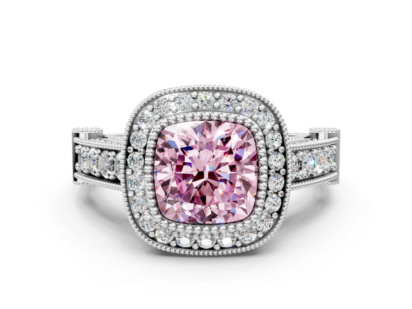 Platinum Cushion Cut Vintage Bezel Halo Engagement Ring Setting for Fancy Pink Center