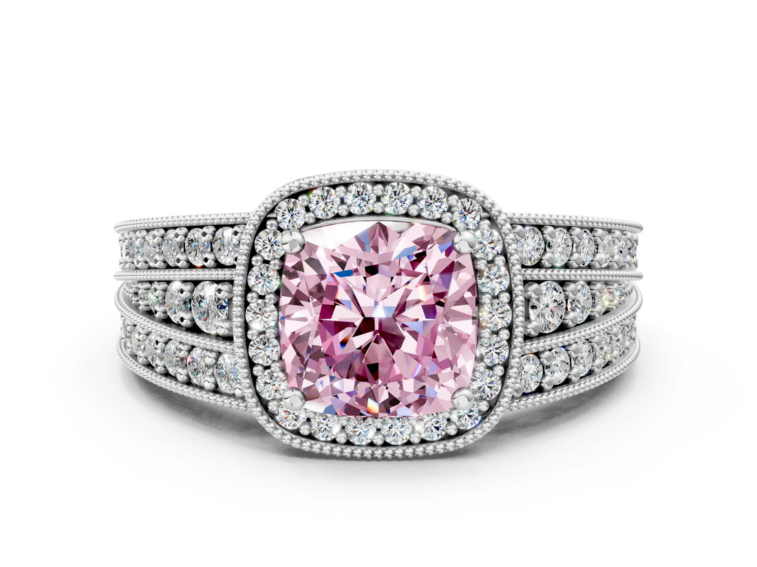 Platinum Fancy Pink Cushion Cut Halo Diamond Split Shank Ring with Prong Setting_12