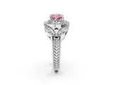 Platinum Fancy Pink Cushion Cut Halo Milgrain Diamond Engagement Ring with Leaf Band and Four-Prong Setting_14