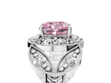 Platinum Fancy Pink Cushion Cut Halo Milgrain Diamond Engagement Ring with Leaf Band and Four-Prong Setting_17