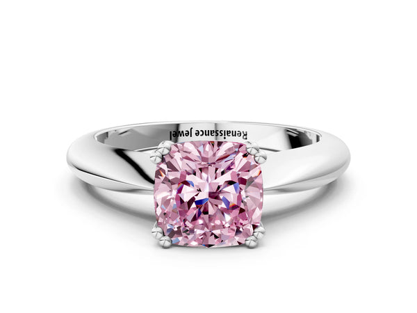 Platinum Fancy Pink Cushion  Cut Solitaire Engagement Ring with Tapered Band and Four-Prong Setting