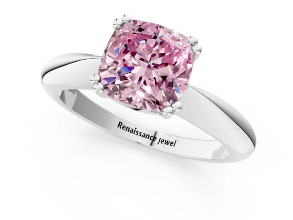 Platinum Fancy Pink Cushion  Cut Solitaire Engagement Ring with Tapered Band and Four-Prong Setting