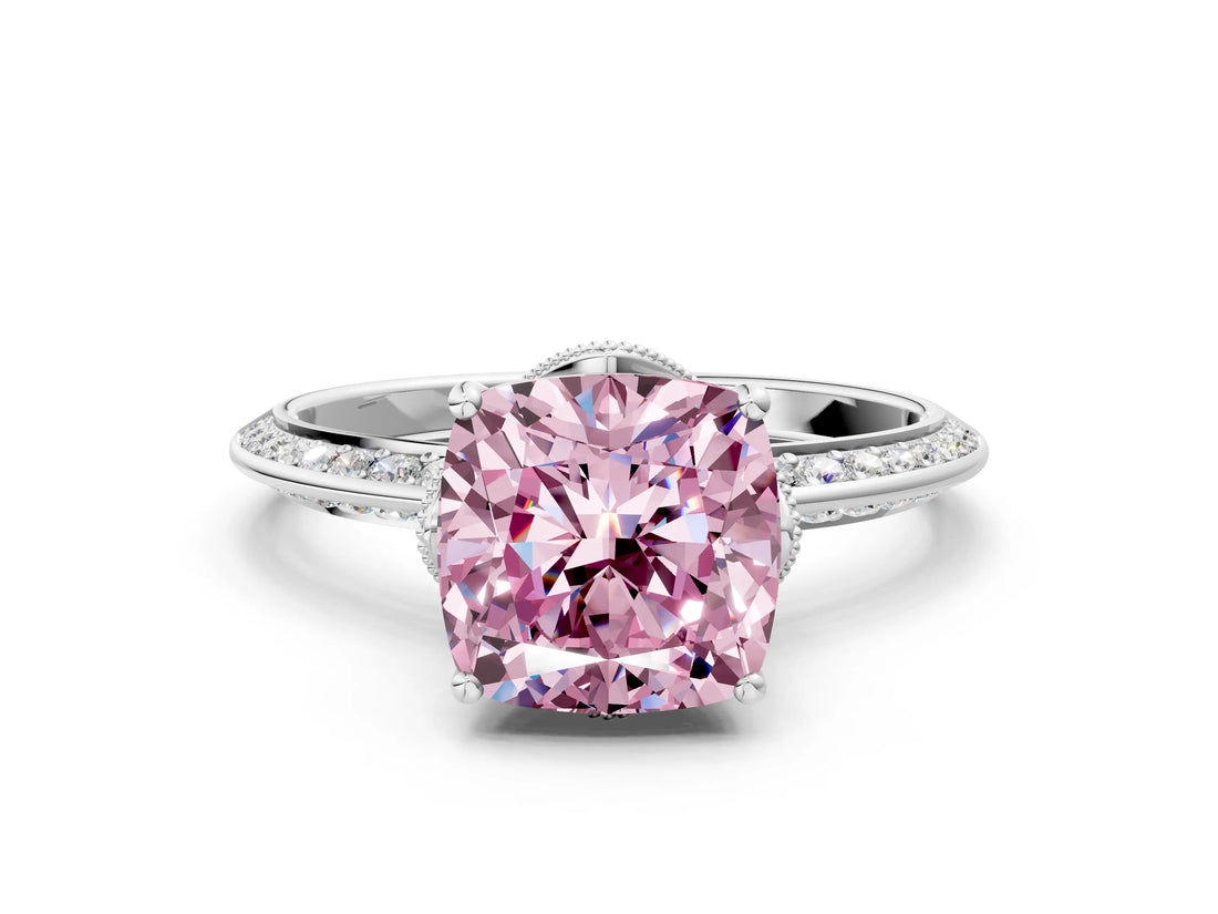 Platinum Fancy Pink Cushion Cut Solitaire Split Shank Pave Diamond Engagement Ring with Four-Prong Setting_6