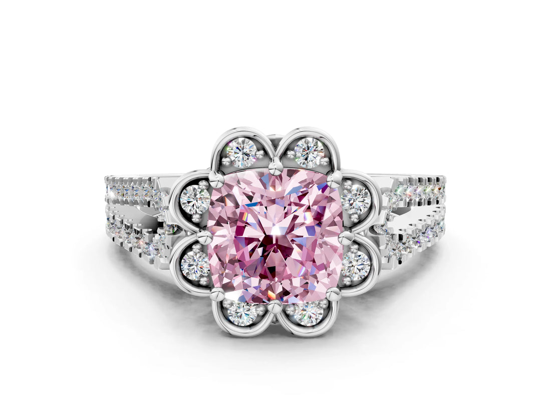 Platinum Fancy Pink Cushion  Halo Diamond Floral Split Shank Engagement Ring 1
