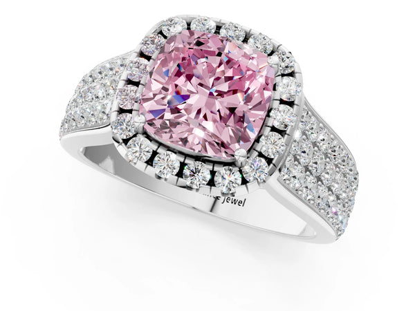 Platinum Fancy Pink Cushion  Halo Round Diamond Pave Band with Prong Setting