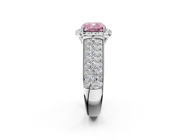 Platinum Fancy Pink Cushion  Halo Round Diamond Pave Band with Prong Setting