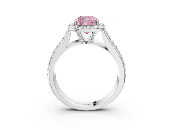Platinum Fancy Pink Cushion  Halo Round Diamond Pave Band with Prong Setting