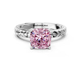 Platinum Fancy Pink Cushion  Solitaire Diamond Engagement Ring with XO Engraved Band and Four-Prong Setting