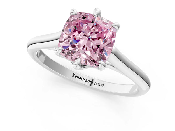 Platinum Fancy Pink Cushion  Solitaire Engagement Ring with Six-Prong Setting and Classic Band