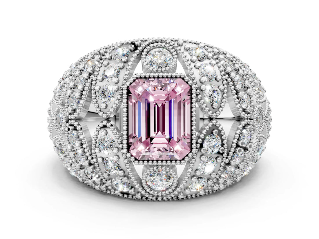 Platinum Fancy Pink Emerald Cut Brilliant Halo Pave Diamond Milgrain Ring_12