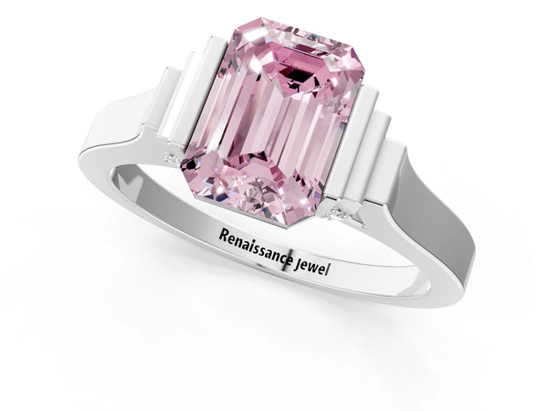 Platinum Fancy Pink Emerald Cut Brilliant Solitaire Diamond Ring with Channel Set Band and Bar Prong Setting