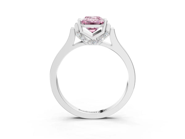 Platinum Fancy Pink Emerald Cut Brilliant Solitaire Diamond Ring with Channel Set Band and Bar Prong Setting