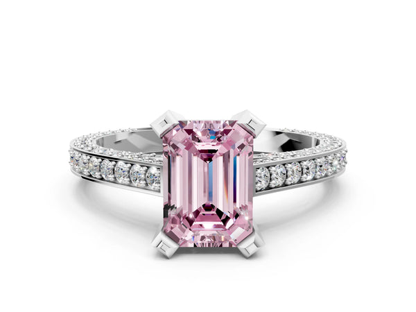 Platinum Fancy Pink Emerald Cut Brilliant Split Shank Pave Solitaire Ring with Four-Prong Setting