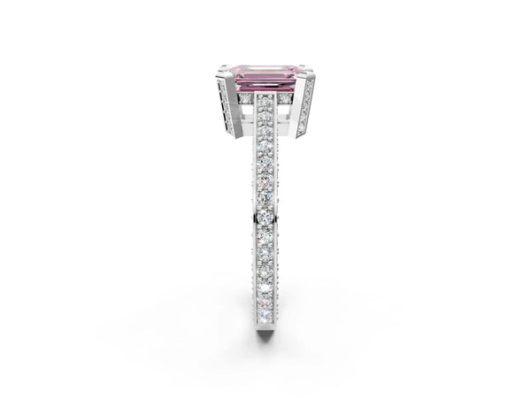 Platinum Fancy Pink Emerald Cut Brilliant Split Shank Pave Solitaire Ring with Four-Prong Setting