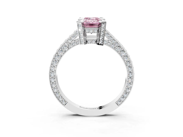 Platinum Fancy Pink Emerald Cut Brilliant Split Shank Pave Solitaire Ring with Four-Prong Setting