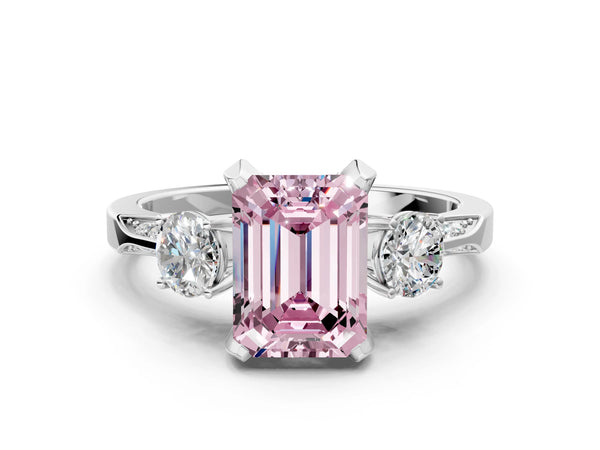 Platinum Emerald Cut Three Stone Hidden Halo Engagement Ring Setting for Fancy Pink Center
