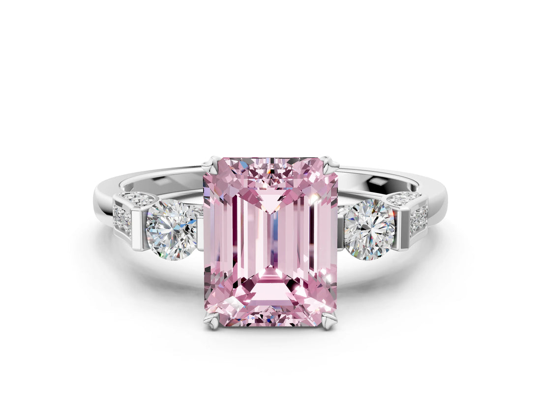Platinum Fancy Pink Emerald Cut Brilliant Three-Stone Pave Band with Four-Prong Setting_6