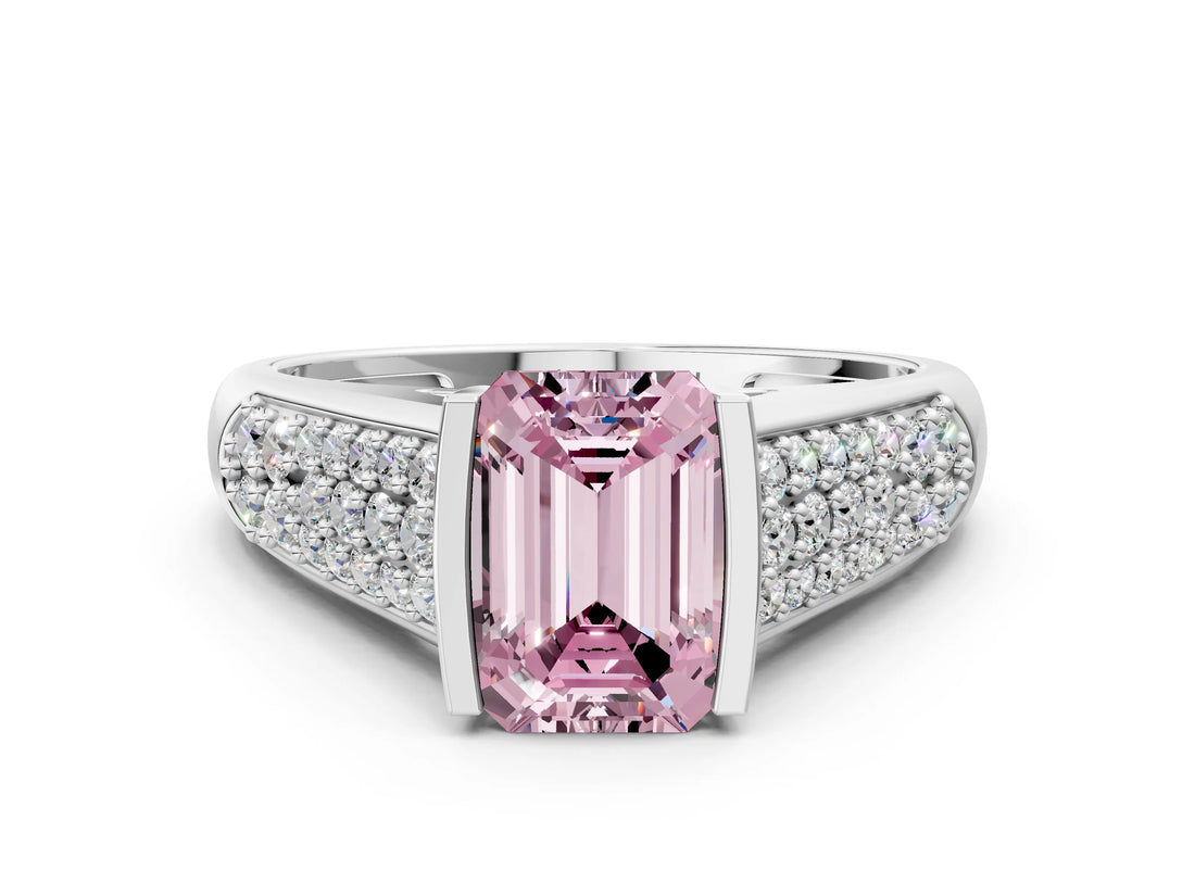 Platinum Fancy Pink Emerald Cut Cut Diamond Channel Set Pave Band with Tension Prong Setting_12